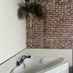 A soaking tub in a corner under a hanging plant and exposed red brick walls, creating a spa-like atmosphere.